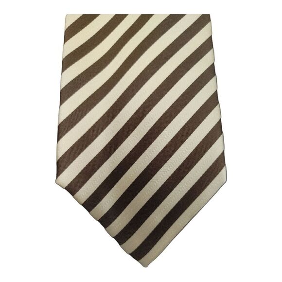 MEN'S ST. PATRICK BROWN/IVORY THIN DIAGONAL STRIPE TIE & POCKET SQUARE SET. - Picture 2 of 4